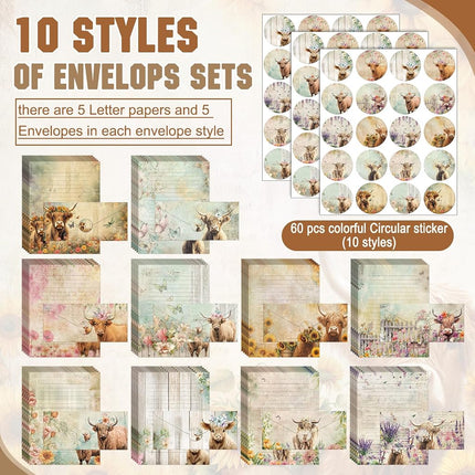 TaoBary 160 Pcs Floral Highland Cow Stationery Paper and Envelopes Set