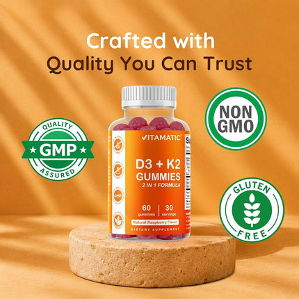 Vitamatic Vitamin D3 K2 Gummies - 60 Count - Supports Healthy Bone, Heart & Calcium Absorption, & Immune Health - Plant Based, Non-GMO, Gluten Free