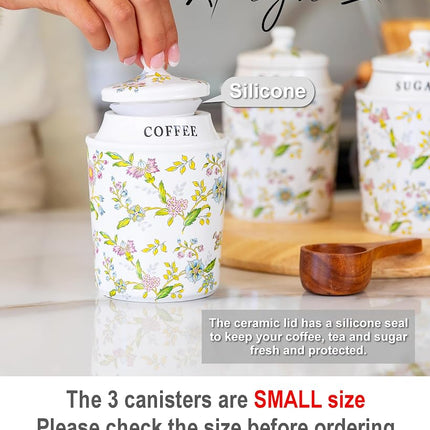 25DOL Coffee Tea Sugar Canister Set with Airtight Lids - Elegant Flower Kitchen Canisters Set of 3 Pantry Jars Containers - Decorative Ceramic Canister Set for Countertop or Coffee Bar - 13.5 Ounce …