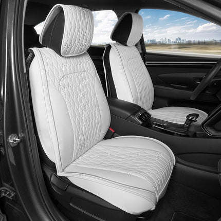 MotorBox Fundas de asiento – Edición DiamondLux Protectores de asiento de piel sintética premium blancos – Accesorios automotrices acolchados con doble costura en forma de cruz para camiones, todoterrenos, coches – Juego de asientos delanteros
