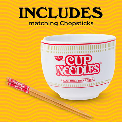 Silver Buffalo Nissin Classic Cup Noodles Logo Much More Than a Soup Ceramic Ramen Noodle Rice Bowl with Chopsticks, Microwave Safe, 20 Ounces