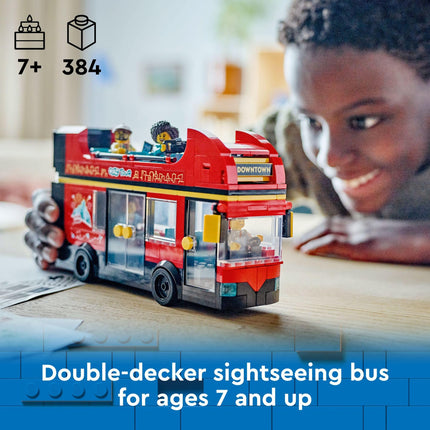 LEGO City Juego de construcción de juguete Autobús turístico rojo de dos pisos, regalo de cumpleaños para niños de 7 años, autobús de Londres, para niños, juguete de autobús de dos pisos, 5 personajes, incluyendo un bebé y un cochecito, 60407