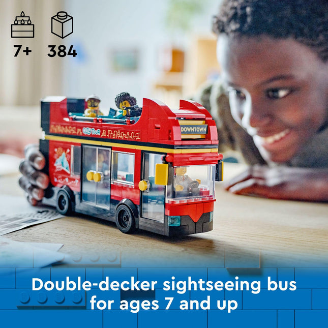 LEGO City Bus touristique rouge à impériale, cadeau d'anniversaire pour les 7 ans et plus, bus londonien, pour enfants, jouet de bus à impériale, 5 personnages dont un bébé et une poussette, 60407