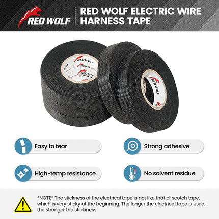 RED Wolf Wiring Harness Cloth Tape High Temp Self-Adhesive Fabric Tape for Automobile Electrical Harness Wrap Noise Damping Protection Insulation Cable Fixed Black, 5 Rolls 3/5 Inch x 50FT