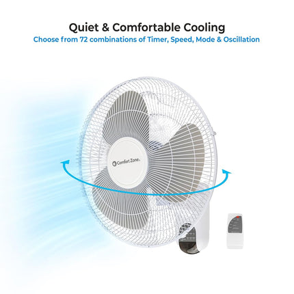Ventilador de pared Comfort Zone de 16 pulgadas con control remoto, funcionamiento silencioso de 3 velocidades, temporizador, inclinación ajustable – Ideal para dormitorio, hogar, gimnasio y oficina