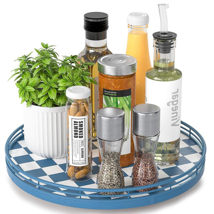 Blue and White Checkerboard Lazy Susan with Rubber