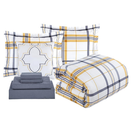 Elegant Comfort Silky Soft 8-Piece Plaid Lodge Bed-in-a-Bag Comforter Set, Includes 4pc Smart Sheet Set, Comforter, Decorative Pillow, Matching Pillowcases and Shams - Twin/Twin XL, Gold