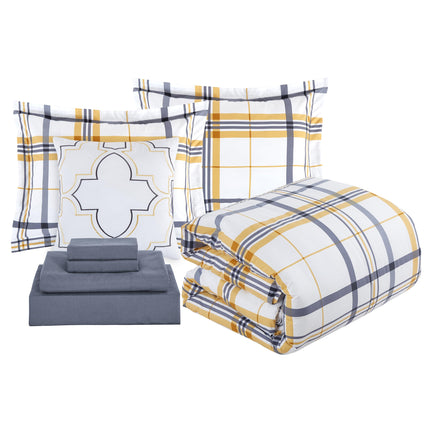 Elegant Comfort Silky Soft 8-Piece Plaid Lodge Bed-in-a-Bag Comforter Set, Includes 4pc Smart Sheet Set, Comforter, Decorative Pillow, Matching Pillowcases and Shams - Twin/Twin XL, Gold