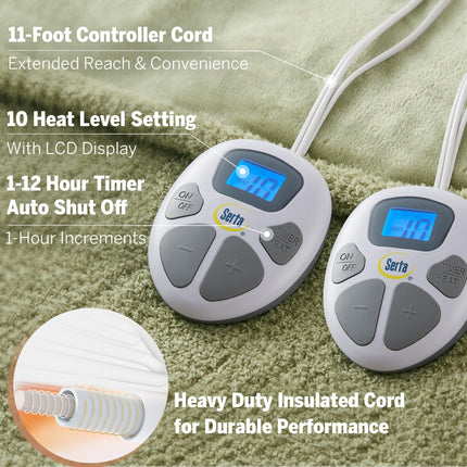 Serta Heated Blanket, Eletric King Size Blanket, Soft, Warm, Fuzzy Heating Blanket King for Office, Couch, 1-12 hr Auto Shut Off Timer, 10 Lv Heat Setting, ETL Certified, King 100" x 90" Sage