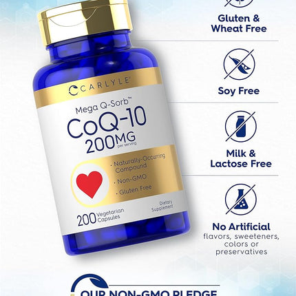 CoQ10 200mg | 200 Capsules | Mega Q-Sorb Coenzyme Q-10 | Vegetarian, Non-GMO, Gluten Free | by Carlyle
