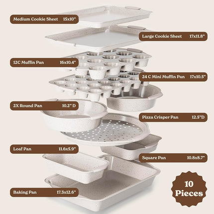 Country Kitchen Nonstick Stackable Bakeware Set - Durable, Easy Release Baking Set, Cream, 10 Pcs