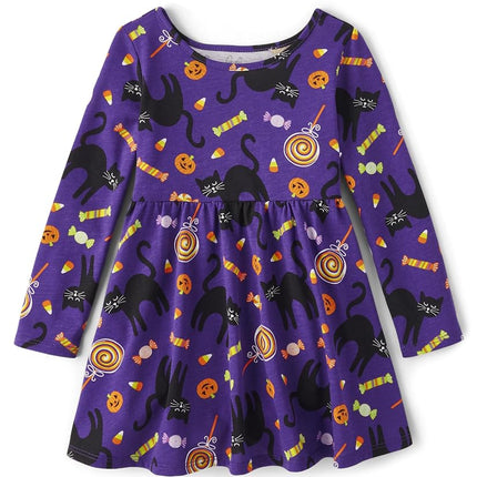 The Children's Place Girls Long Sleeve One Size Halloween Printed Dress, Sharp Purple, 6-9 Months