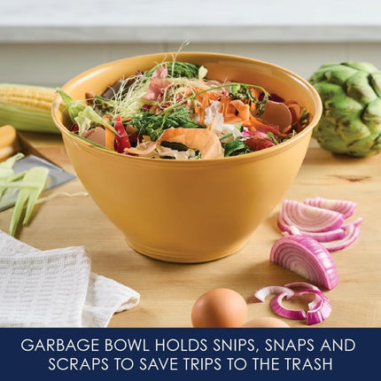 Rachael Ray Tools and Gadgets Kitchen Prep, Garbage Bowl with Lid, Bench Scrape, Veggie Peeler, 4 Piece Food Prep Set - Tumeric Yellow