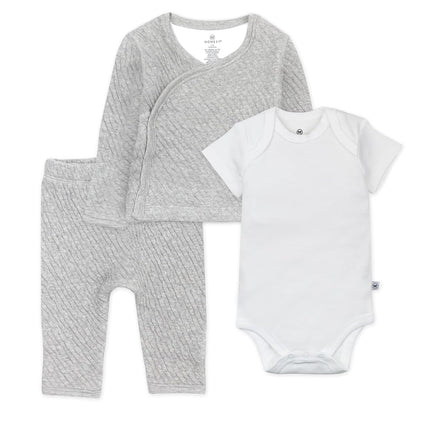 HonestBaby 3 Piece Kimono Set Organic Cotton Pants with Feet and Headband/Hat for Baby Girls Unisex, Light grey, 0 Months