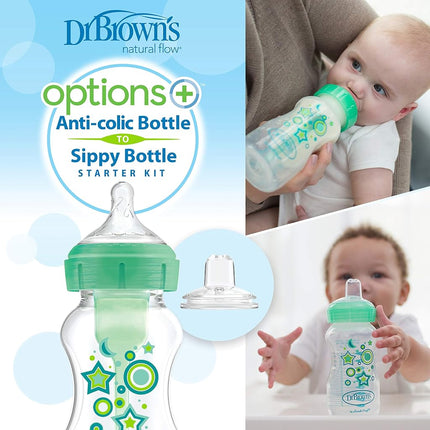 Kit de Démarrage Biberon à Bec Large Options+ Dr. Brown’s®, tétines niveau 3 avec bec de transition, 2 paquets de 270 ml, vert, 6 mois et +