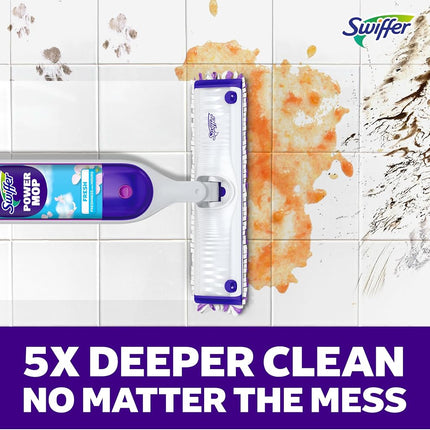Swiffer PowerMop Kit de trapeador multisuperficie para limpieza de pisos, aroma fresco, el kit de trapeador incluye PowerMop, 2 repuestos de almohadillas para trapear, 1 solución de limpieza de pisos con aroma fresco y 2 baterías
