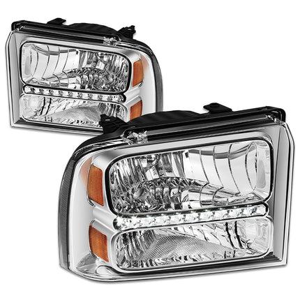 DNA MOTORING LED DRL Headlamps Headlight Assembly Compatible With 05-07 Ford F250-350 F450 F550SD, Chrome/Amber, HL-OH-FSD05-LED-CH-AM