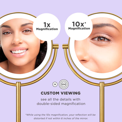 Miroir de maquillage éclairant Conair, Miroir de courtoisie LED double face avec grossissement 1X/10X, 3 réglages d'éclairage, 3 modes, rotation à 360°, finition laiton brossé