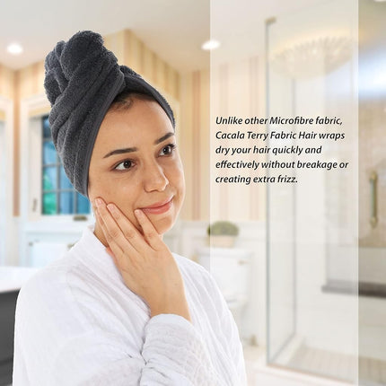Cacala Terry Hair Towel Wrap - Luxurious Super Absorbent Hair Towel Wrap for Wet Hair, Non-Frizz Hair Turban with Holding Loop and Buttons, Cotton Hair Wrap with Accessories | 3 Pieces