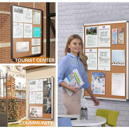 SWANCROWN Cork Board 50 x 36 cm Lockable Notice Board with Aluminum Frame