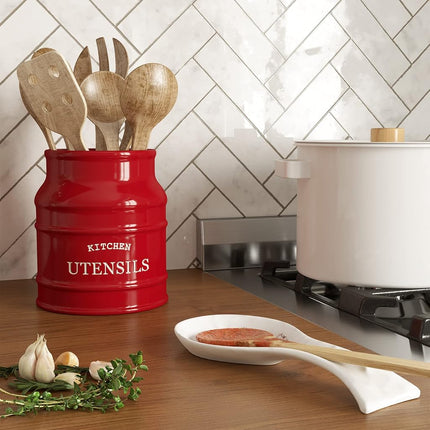 Barnyard Designs Ceramic Farmhouse Utensil Holder for Kitchen Counter, Large Rustic Utensil Crock, Countertop Cooking Tool Spatula Organizer, 6.75”, Red