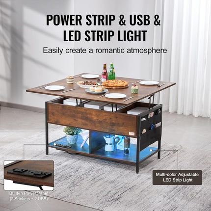 VEVOR Lift Top Coffee Table, 39.4 in Rectangle Coffee Table with Extra Storage Pockets, Flipable Coffee Table with Power Strip & USB & Ambient Lighting for Living Room, Brown