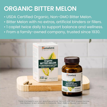 Himalaya Organic Bitter Melon/Karela, 60 Caplets for Balanced Blood Sugar Level, 660 mg, 1 Month Supply (1PACK)