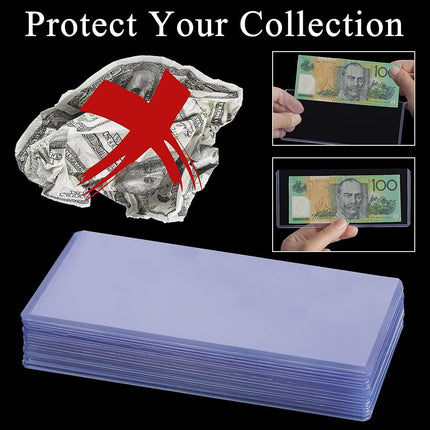 Uncle Paul 60 PCS Clear Paper Money Holder Currency Topload Holders, 6.8 x 2.9 Inch Transparent PVC Bill Protector, Banknotes Sleeves Currency Paper Money Protector Bag PN03L60