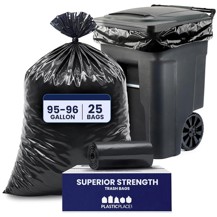 Plasticplace 95-96 Gallon Rubbish Bin Liners Heavy Duty Black Bin Bags Tear-Resistant Outdoor Rubbish Bags for Rollaway Bins Large 61" x 68" Industrial-Strength Waste Bags (25 Count) 1.5 Mil