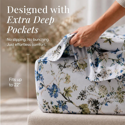 Tribeca Living Queen Bed Sheet Set, 300 Thread Count Soft Cotton Sateen, Floral Print with Extra Deep Pockets, 4-Piece Bedding Set, Amalfi Blue/Multicolor