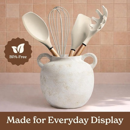 Country Kitchen Non Stick Silicone Utensil Set with Rounded Wood Handles for Cooking and Baking, 8 Piece Set, Khaki