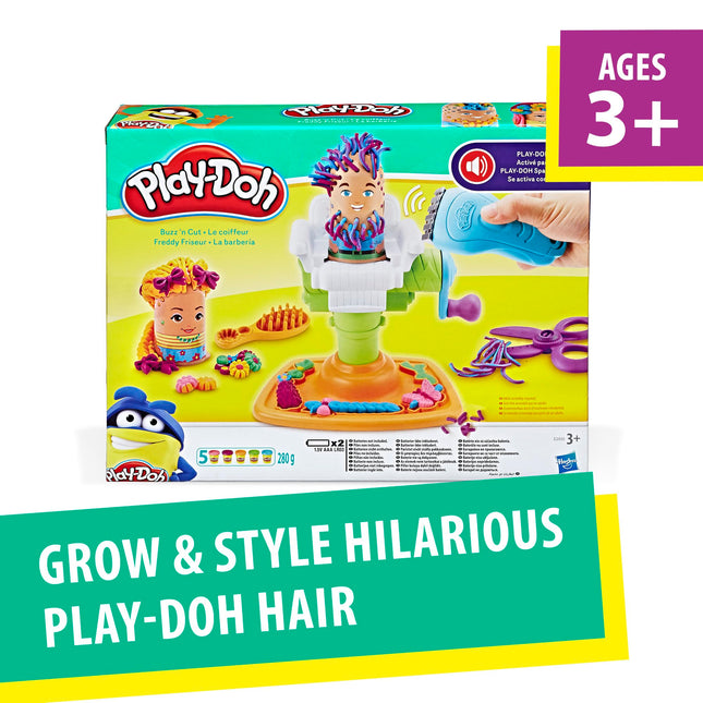 Set de peluquería Play-Doh Buzz 'n Cut Fuzzy Pumper, zumbador eléctrico, 5 botes de plastilina de 56 gramos, juguetes para preescolares, regalos de Navidad para niñas y niños, edades de 3 años en adelante (exclusivo de Amazon)