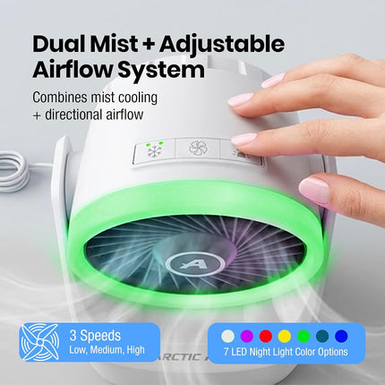 Arctic Air Ice Jet X3 Portable Air Cooler,Dual Mist Modes, Up to 8-Hour Cooling Time, 3-Speed Portable Cooler with Adjustable Airflow, USB C, LED Mood Light, Lightweight, Great for Home & Travel