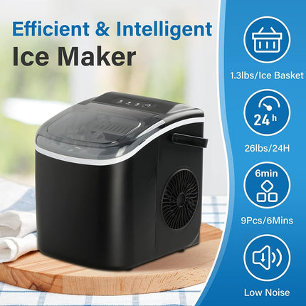 Simple Deluxe Ice Maker Machine for Countertop, 26lbs Ice/24Hrs, 9 Ice Cubes Ready in 6 Mins, Portable Self-Clean Electric Ice Machine with Scoop and Basket, 13.7lbs, for Home Kitchen Office Bar Party