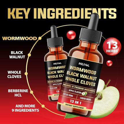 Milivol 13in1 Wormwood Liquid Drops - Black Walnut Wormwood Liquid with Whole Cloves & More - 60 Day Supply - 2 Fl Oz