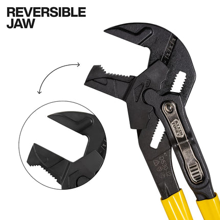 Klein Tools D53012 Plier Wrench, High Leverage Multi-Use Pump Plier with Adjustable and Reversible Double-Sided Jaw, Smooth and Knurled Teeth, 12-Inch