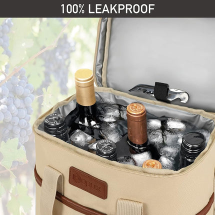 opux 6 Bottle Carrier Tote | Insulated Padded Wine Cooler Bag for Travel. Picnic, BYOB | Portable Leakproof Wine Tote Bag for Dinner, Party, Christmas, Wine Gift for Women, Men (Cream Beige)