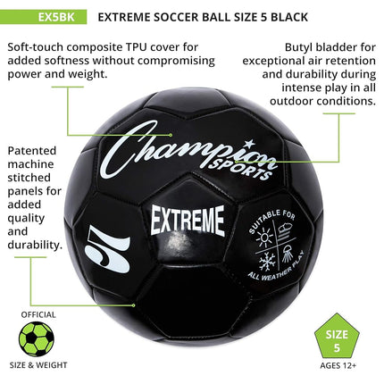 Champion Sports Extreme Series Soccer Ball, Regulation Size 5 - Collegiate, Professional, and League Standard Kick Balls - All Weather, Soft Touch, Maximum Air Retention - For Adults, Teenagers, Black