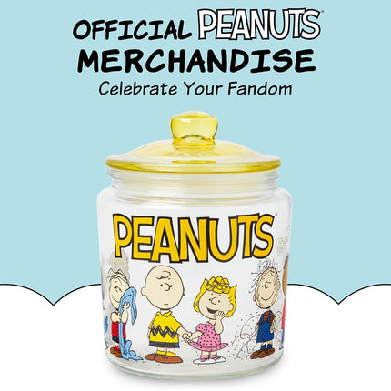 Silver Buffalo Peanuts Squad Featuring Charlie Brown, Snoopy, Schroeder, Lucy, Linus, Sally, Pigpen, Woodstock, and Franklin Glass Cookie Snack Candy Jar with Lid (Small)