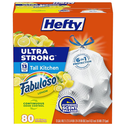 Hefty Ultra Strong Tall Kitchen Trash Bags, Fabuloso Lemon Scent, 13 Gallon, 80 Count