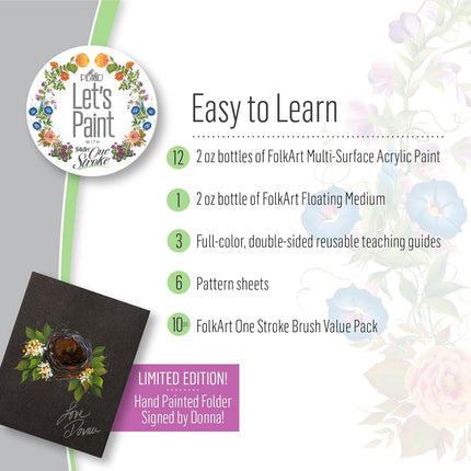 FolkArt Birds & Blossoms 2 oz One Stroke Acrylic Kit, 32 Piece Set Including 12 Multi-Surface Paints, 10 Brushes, 6 Teaching Guides, 3 Pattern Sheets & 1 2 fl oz Floating Medium