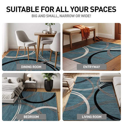 Alfombra decorativa moderna con diseño de círculos ondulados de Rugshop, resistente a la decoloración para entrada, baño o cocina, azul, 0.8 x 1.2 m