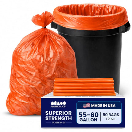 Plasticplace 55-60 Gallon Trash Bags │ 1.2 Mil │ Orange Heavy Duty Garbage Can Liners │ 38” x 58” (50 Count)