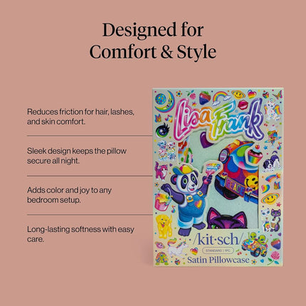 Kitsch x Lisa Frank Satin Pillowcase with Zipper for Hair & Skin, Softer Than Silk Pillow Cases, Wrinkle-Free, Smooth and Cooling Satin Pillow Covers Queen Size 19x26-The Fantastic World of Lisa Frank
