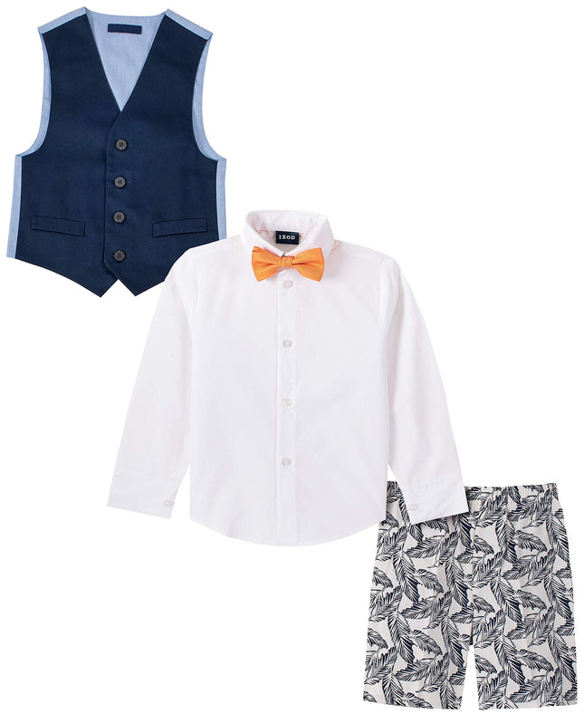 IZOD Boys' Little 4-Piece Set with Dress Shirt, Bow Tie, Shorts, and Vest, Tropical White, 5