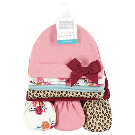 Hudson Baby unisex-baby Cotton Cap and Scratch Mitten Set, Autumn Rose, 0-6 Months