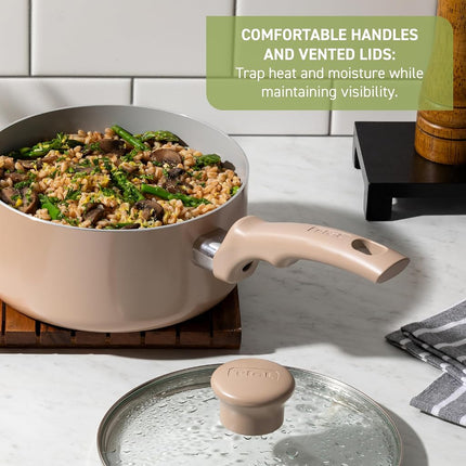 Sartén para saltear antiadherente de cerámica T-FAL Refresh con tapa de 5 cuartos, fabricado sin PFOA ni PTFE, apto para horno y asador hasta 177 °C, sartén, mango que se mantiene frío, ollas y sartenes, verde menta