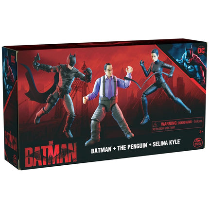 DC Comics Batman 3-Pack with Exclusive 4' Batman, Selina Kyle, The Penguin Action Figures, 3 Accessories