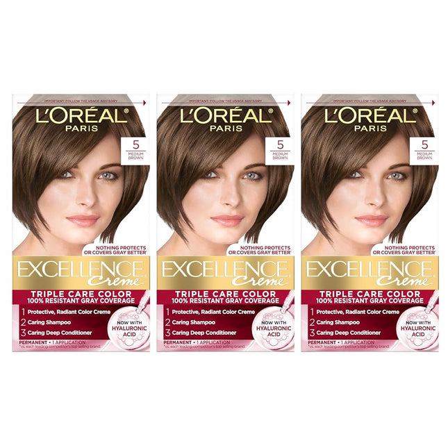 L'Oréal Paris Excellence Créme Permanent Hair Color, 5 Medium Brown, 3 Count