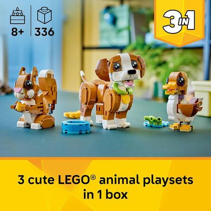 LEGO® Creator 3 in 1 Cute Animals: Playful Puppy Dog 31382 Animal Figures - Building Set with 3 Build Options, Dog, Squirrel or Duck - Animal Toys for Kids Aged 8+ - Toy Idea for Girls and Boys